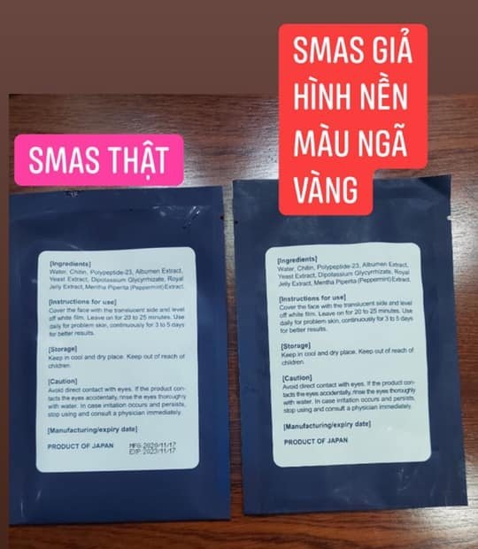 Màu sắc bao bì đậm màu và tối hơn so với hàng thật, và mặt sau phần ghi thành phần có màu kem chứ ko trắng giống mặt nạ thật